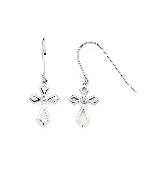 STERLING SILVER CROSS EARRINGS WITH 2=0.02TW ROUND I I1 DIAMONDS