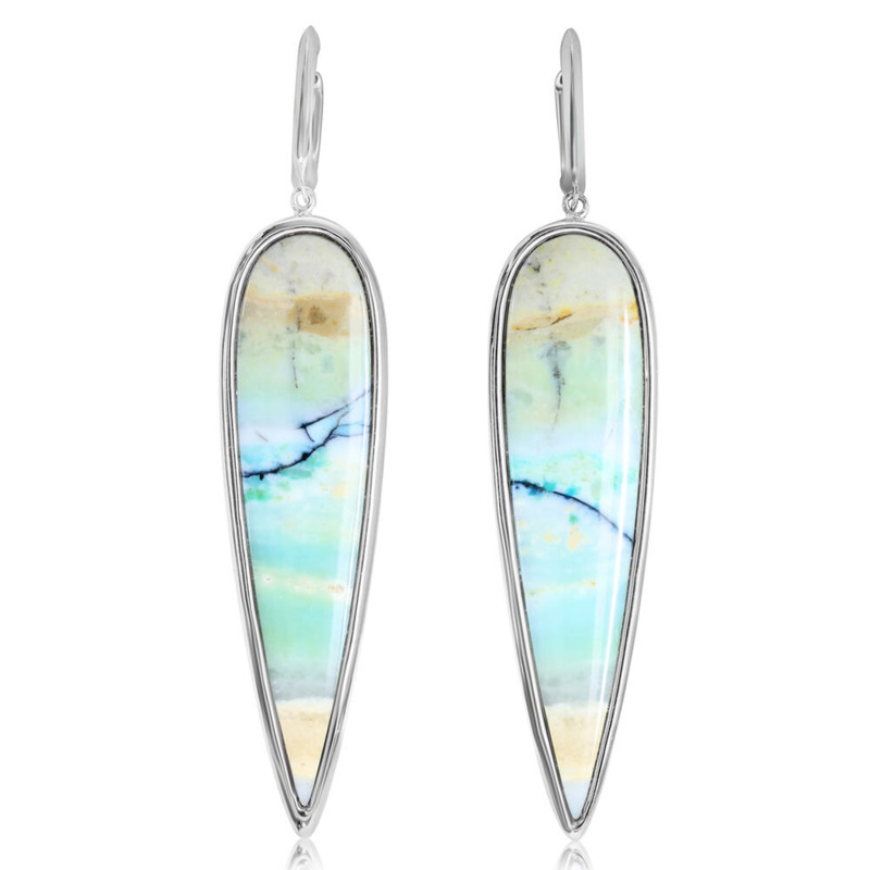 STERLING SILVER DANGLE TEARDROP EARRINGS WITH 2 INDONESIAN OPALS