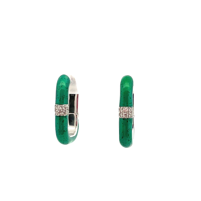 SOHO STERLING SILVER EMERALD ENAMELLED HUGGIE EARRINGS WITH 20=0.14TW ROUND G SI2 DIAMONDS