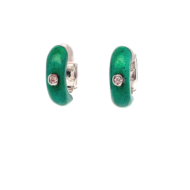 SOHO STERLING SILVER EMERALD ENAMELLED HUGGIE EARRINGS WITH 2=0.06TW ROUND G SI2 DIAMONDS