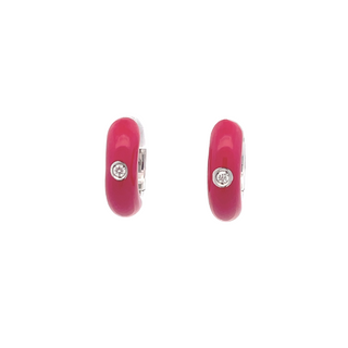 SOHO STERLING SILVER MAGENTA ENAMELLED HUGGIE EARRINGS WITH 2=0.06TW ROUND G SI2 DIAMONDS