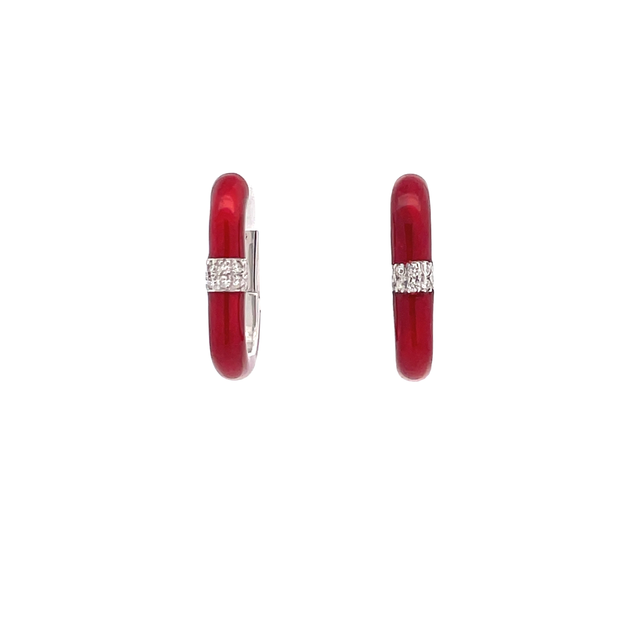 SOHO STERLING SILVER RED ENAMELLED HUGGIE EARRINGS WITH 20=0.14TW ROUND G SI2 DIAMONDS