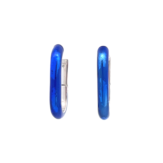 SOHO STERLING SILVER COBALT FOLIAGE ENAMELLED OVAL HUGGIE EARRINGS