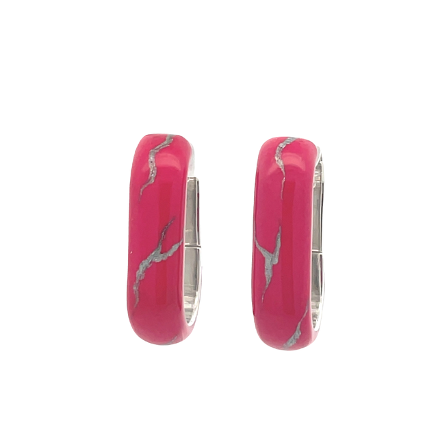 SOHO STERLING SILVER MAGENTA SILVER ENAMELLED OVAL HUGGIE EARRINGS