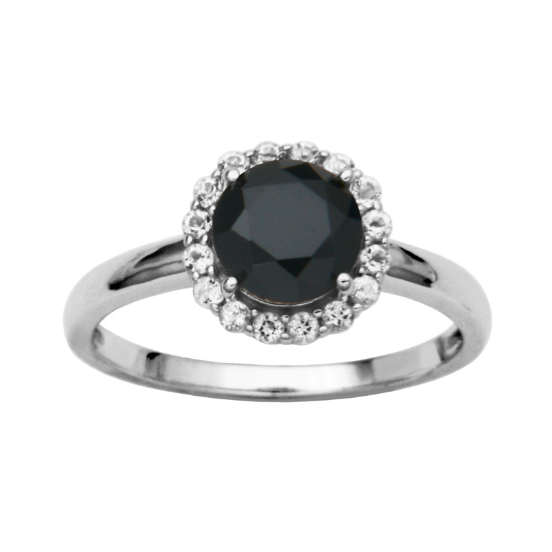 SAMUEL B COLLECTION DAZZLE STERLING SILVER HALO RING SIZE 7 WITH ONE 7.00MM ROUND BLACK SPINEL AND 16 ROUND WHITE TOPAZS