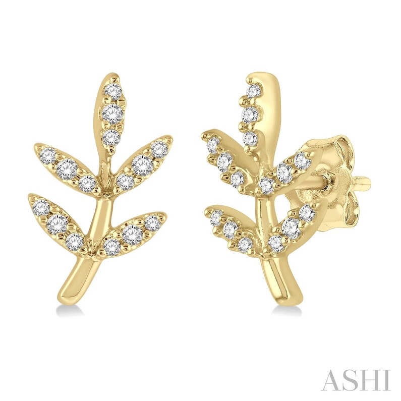 10K YELLOW GOLD LEAF DIAMOND EARRINGS WITH 30=0.12TW SINGLE CUT I-J I1-I2 DIAMONDS