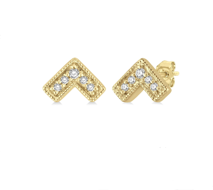 10K YELLOW GOLD MILGRAIN CHEVRON STUD DIAMOND EARRINGS WITH 10=0.05TW SINGLE CUT I-J I1-I2 DIAMONDS   (0.95 GRAMS)