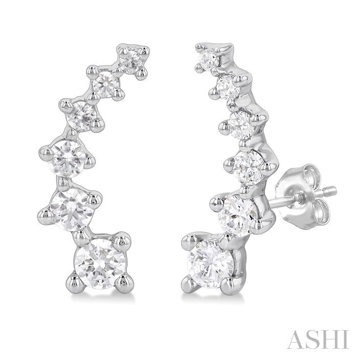 14K WHITE GOLD EAR CLIMBER DIAMOND EARRINGS WITH 12 = 0.50TW ROUND I-J SI2-I1 DIAMONDS  (1.85 GRAMS)
