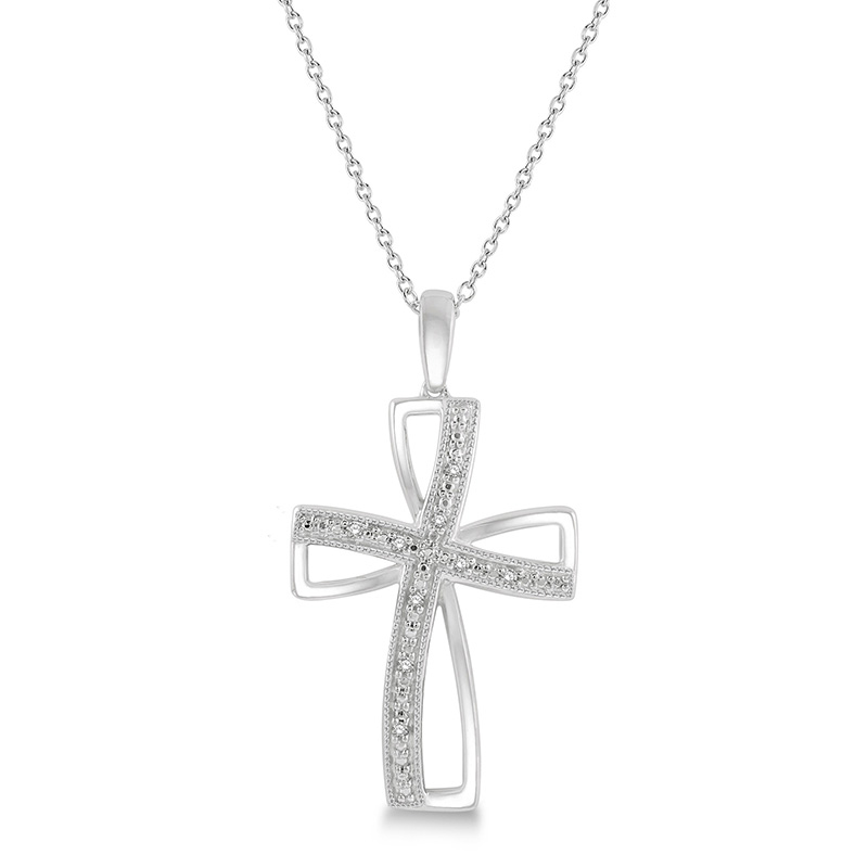 STERLING SILVER MILGRAIN CROSS PENDANT WITH 9=0.03TW SINGLE CUT I-J I1-I2 DIAMONDS 18