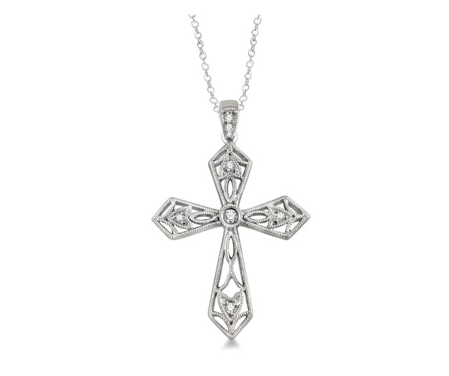 STERLING SILVER MILGRAIN CROSS PENDANT WITH 8=0.05TW SINGLE CUT I-J I1-I2 DIAMONDS 18