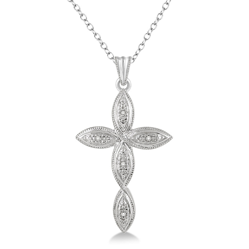 STERLING SILVER CROSS PENDANT WITH 5=0.02TW SINGLE CUT I-J I1-I2 DIAMONDS 18