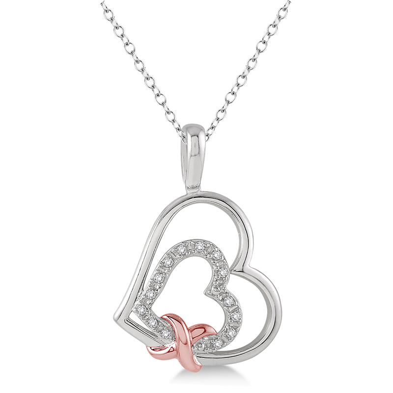 STERLING SILVER ROSE PLATED PENDANT DOUBLE HEART LENGTH 18