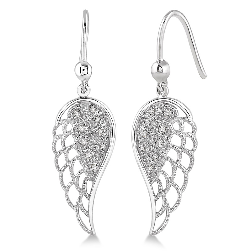 STERLING SILVER ANGEL WING EARRINGS WITH 18=0.07TW SINGLE CUT I-J I1-I2 DIAMONDS   (3.13 GRAMS)