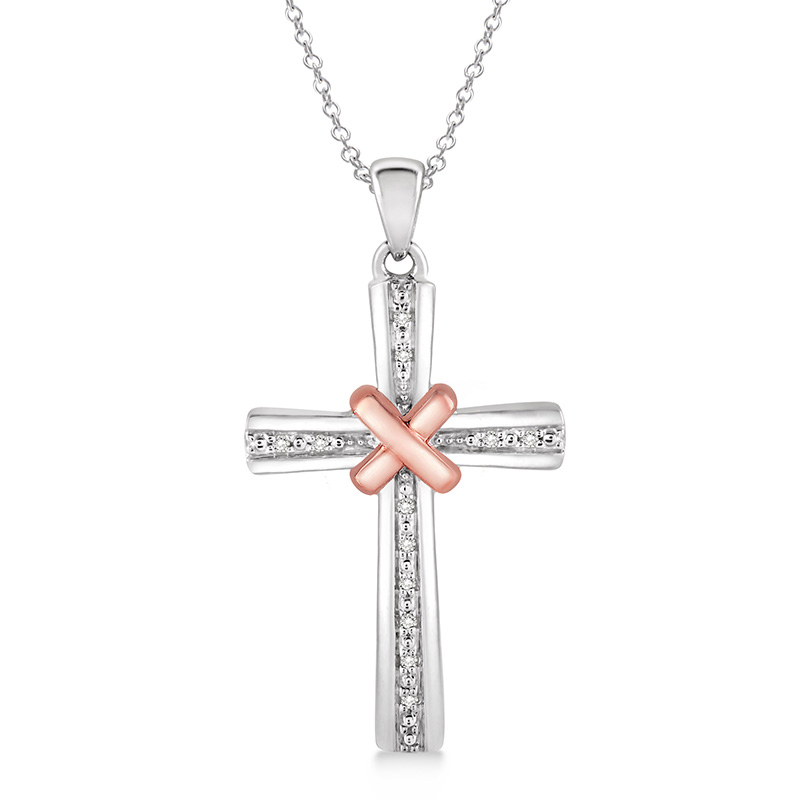STERLING SILVER/ROSE PLATED CROSS PENDANT WITH 12=0.05TW SINGLE CUT I-J COLOR I1-2 CLARITY DIAMONDS 18
