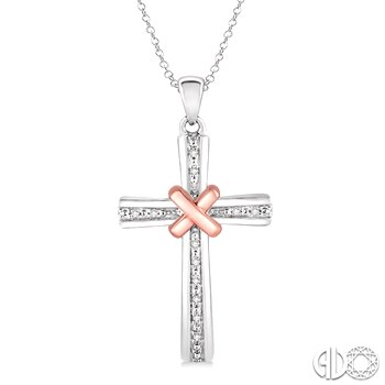 STERLING SILVER/ROSE PLATED CROSS PENDANT WITH 12=0.05TW SINGLE CUT I-J COLOR I1-2 CLARITY DIAMONDS 18