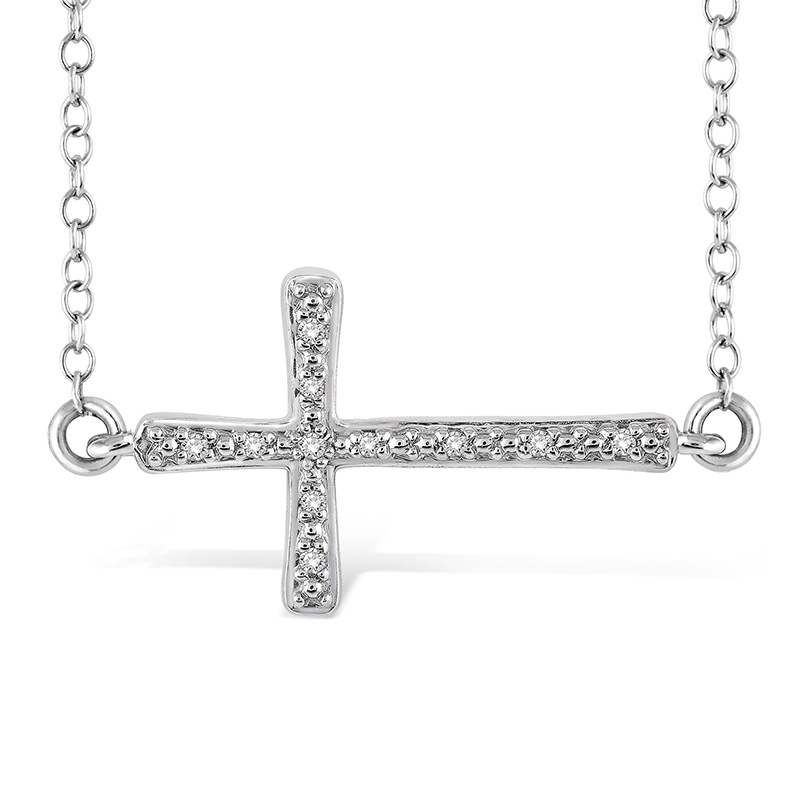 STERLING SILVER SIDEWAYS CROSS PENDANT WITH 11=0.05TW SINGLE CUT I-J I1-I2 DIAMONDS 18