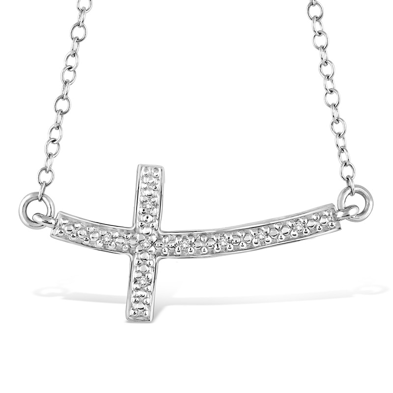 STERLING SILVER SIDEWAYS CROSS PENDANT WITH 8=0.03TW SINGLE CUT I-J COLOR I1-2 CLARITY DIAMONDS 18