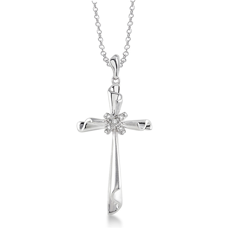 STERLING SILVER CROSS PENDANT WITH 9=0.05TW ROUND I-J I1-I2 DIAMONDS ON AN 18