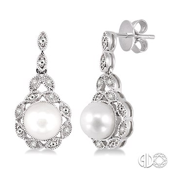 STERLING SILVER MILGRAIN PEARL EARRINGS WITH 2=6.00MM ROUND PEARLS AND 24=0.05TW SINGLE CUT J I1 DIAMONDS   (2.83 GRAMS)