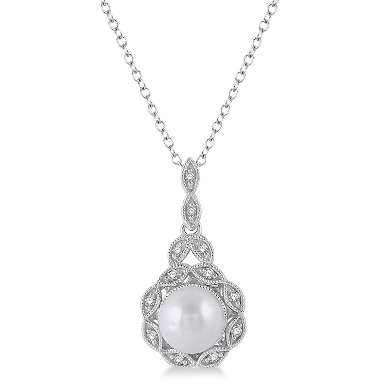 STERLING SILVER PEARL PENDANT WITH ONE 6.50MM ROUND PEARL AND 12=0.05TW SINGLE CUT I-J COLOR I1-2 CLARITY DIAMONDS 18