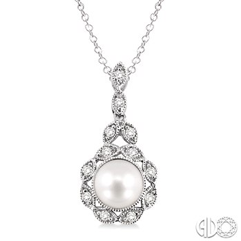 STERLING SILVER PEARL PENDANT WITH ONE 6.50MM ROUND PEARL AND 12=0.05TW SINGLE CUT I-J COLOR I1-2 CLARITY DIAMONDS 18