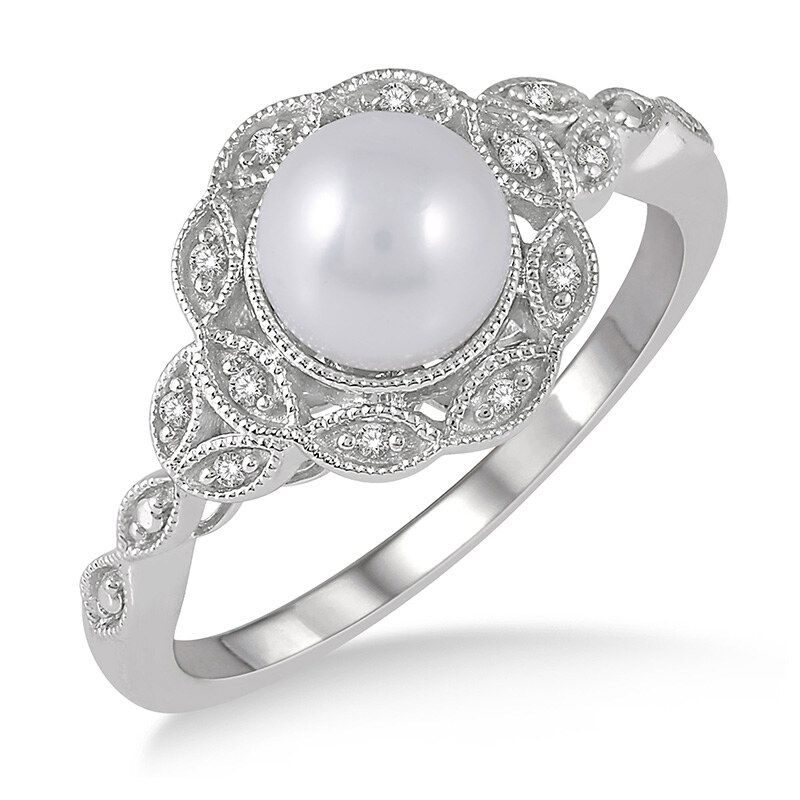 STERLING SILVER MILGRAIN BALLERINA RING SIZE 7 WITH ONE 6.50MM ROUND PEARL AND 12=0.05TW SINGLE CUT I-J I1-I2 DIAMONDS   (3.02 GRAMS)