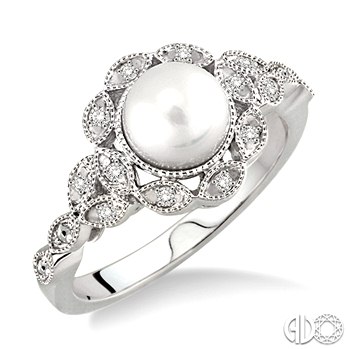 STERLING SILVER MILGRAIN BALLERINA RING SIZE 7 WITH ONE 6.50MM ROUND PEARL AND 12=0.05TW SINGLE CUT I-J I1-I2 DIAMONDS   (2.89 GRAMS)