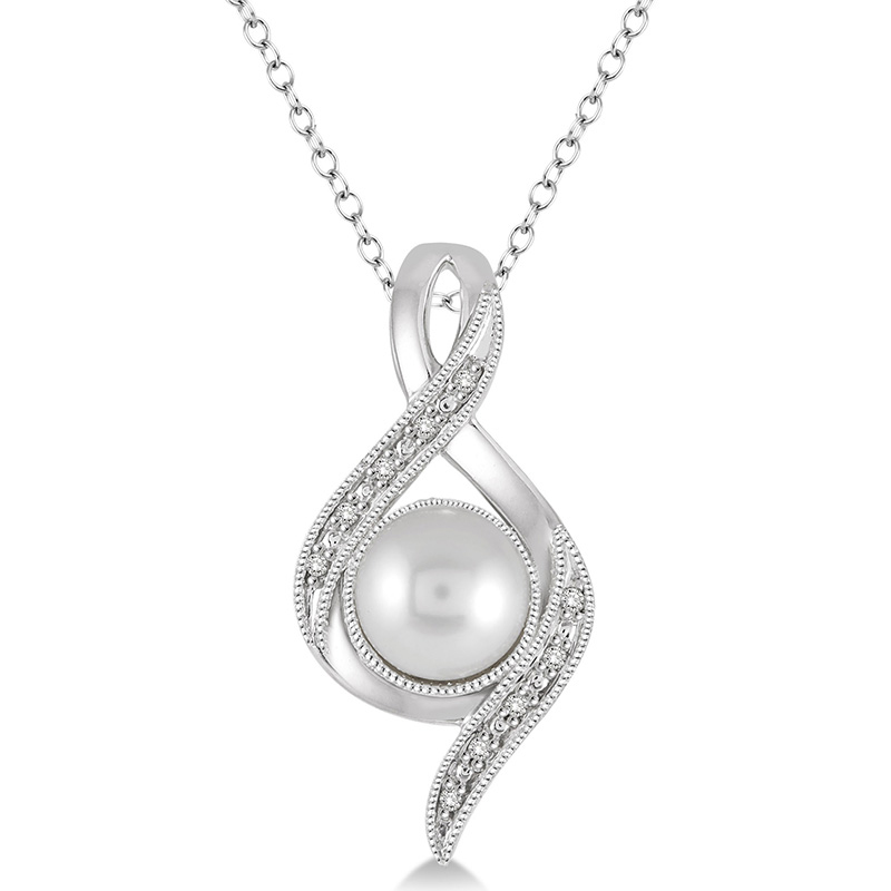 STERLING SILVER DROP PENDANT  WITH 10=0.05TW SINGLE CUT I-J COLOR I1-2 CLARITY DIAMONDS AND ONE 7.00MM ROUND PEARL 18