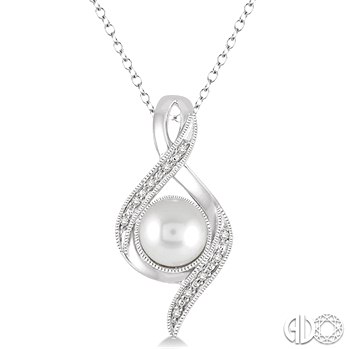 STERLING SILVER DROP PENDANT  WITH 10=0.05TW SINGLE CUT I-J COLOR I1-2 CLARITY DIAMONDS AND ONE 7.00MM ROUND PEARL 18