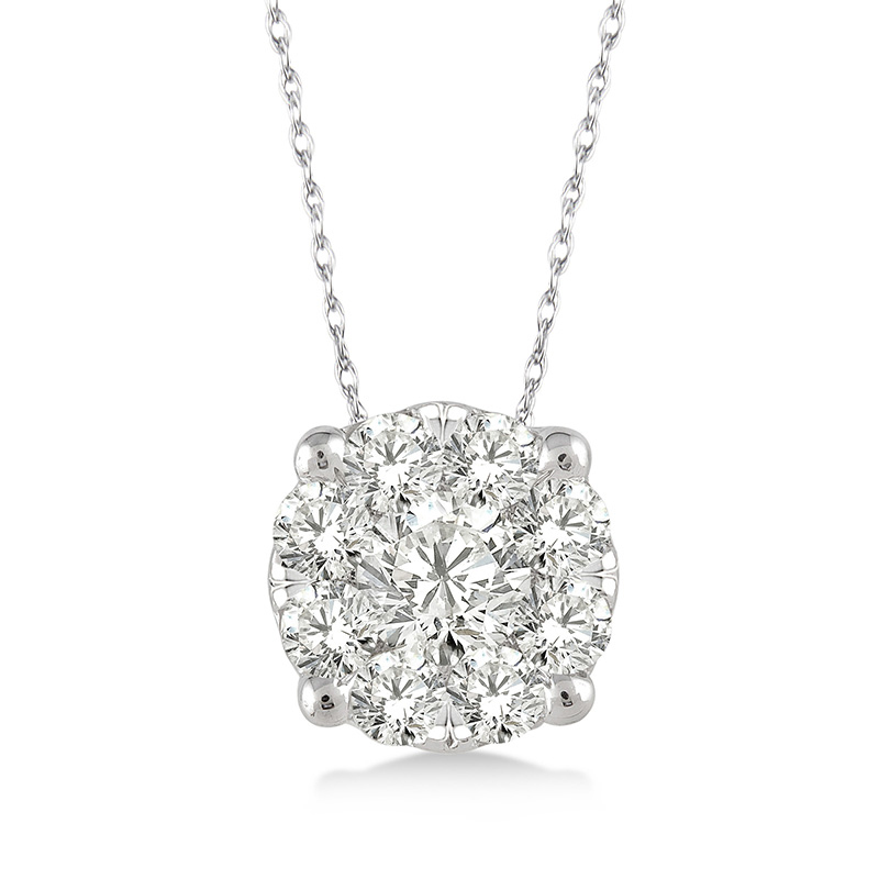 14 KARAT WHITE GOLD LOVEBRIGHT CLUSTER DIAMOND PENDANT WITH 9=0.12TW ROUND I-J COLOR SI3-I1 CLARITY DIAMONDS 18