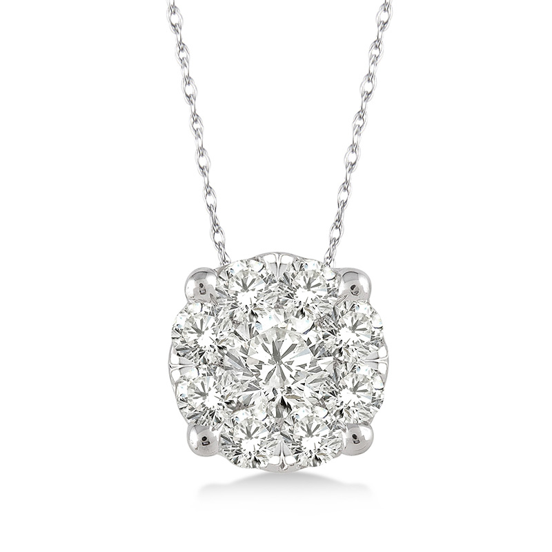 14 KARAT WHITE GOLD LOVEBRIGHT CLUSTER DIAMOND PENDANT WITH 9=0.12TW ROUND I-J COLOR SI3-I1 CLARITY DIAMONDS 18