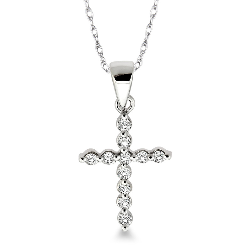 10K WHITE GOLD CROSS DIAMOND PENDANT WITH 11=0.10TW ROUND K-L I1-I2 DIAMONDS 18