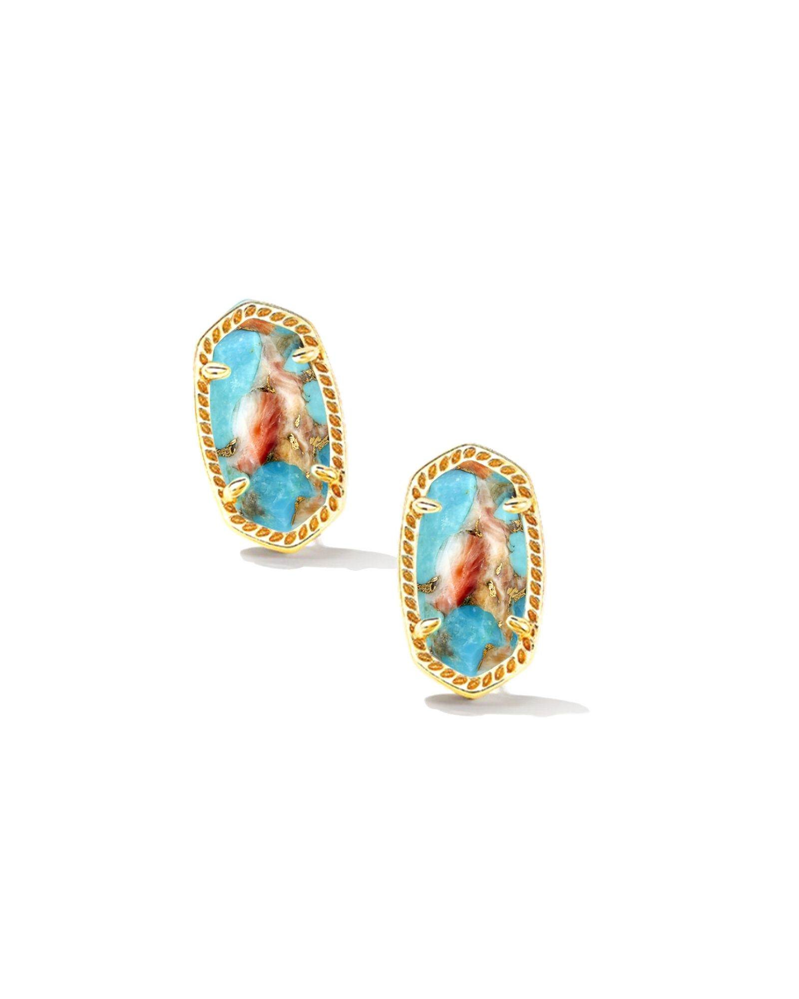 KENDRA SCOTT GOLD PLATED ELLIE COLLECTION STUD EARRINGS WITH BRONZE VEINED TURQUOISE MAGNESITE RED OYSTER