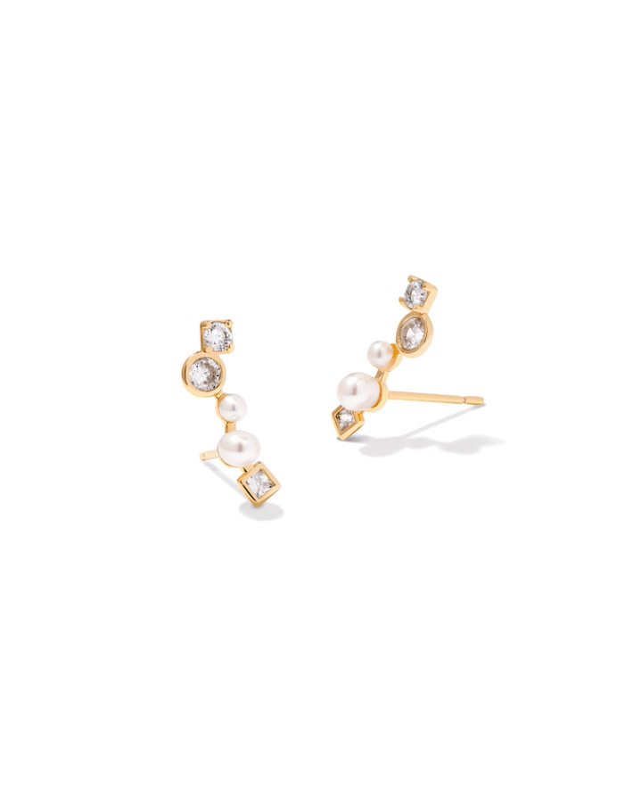 KENDRA SCOTT LEIGHTON COLLECTION 14K YELLOW GOLD PLATED BRASS EAR CLIMBER FASHION EARRINGS WITH PEARL AND CRYSTALS
