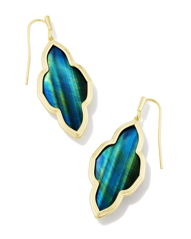 KENDRA SCOTT ABBIE COLLECTION 14K YELLOW GOLD PLATED BRASS FASHION EARRINGS WITH TEAL TIGER'S EYE