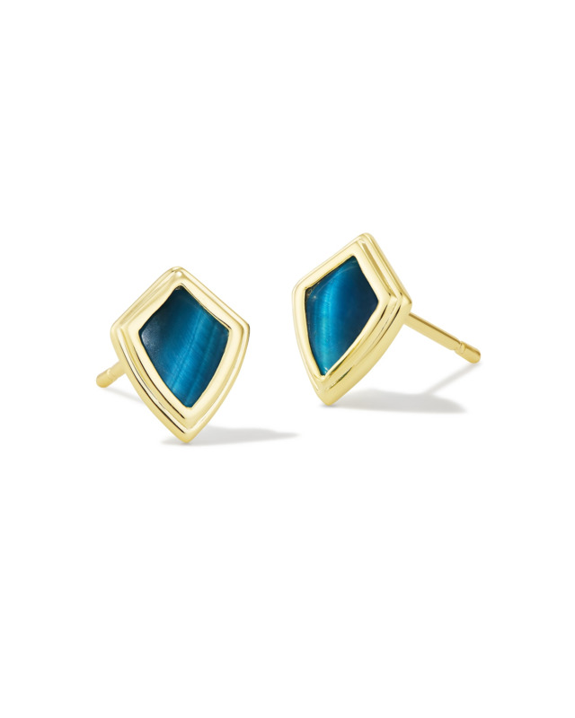 KENDRA SCOTT MONICA COLLECTION 14K YELLOW GOLD PLATED BRASS FASHION STUD EARRINGS WITH TEAL TIGER'S EYE
