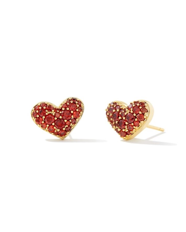 KENDRA SCOTT ARI COLLECTION 14K YELLOW GOLD PLATED BRASS FASHION HEART STUD EARRINGS WITH RED CUBIC ZIRCONIUMS