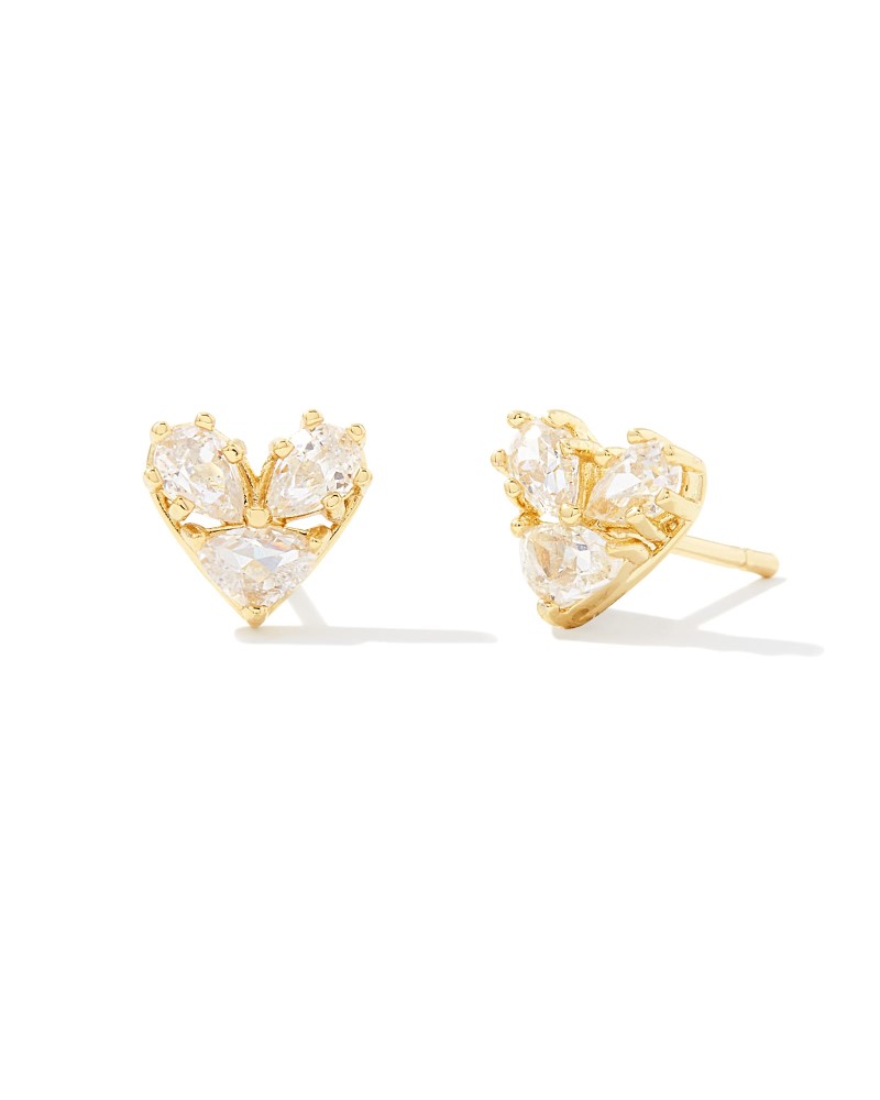 KENDRA SCOTT KATY COLLECTION 14K YELLOW GOLD PLATED BRASS FASHION HEART STUD EARRINGS WITH WHITE CUBIC ZIRCONIUMS