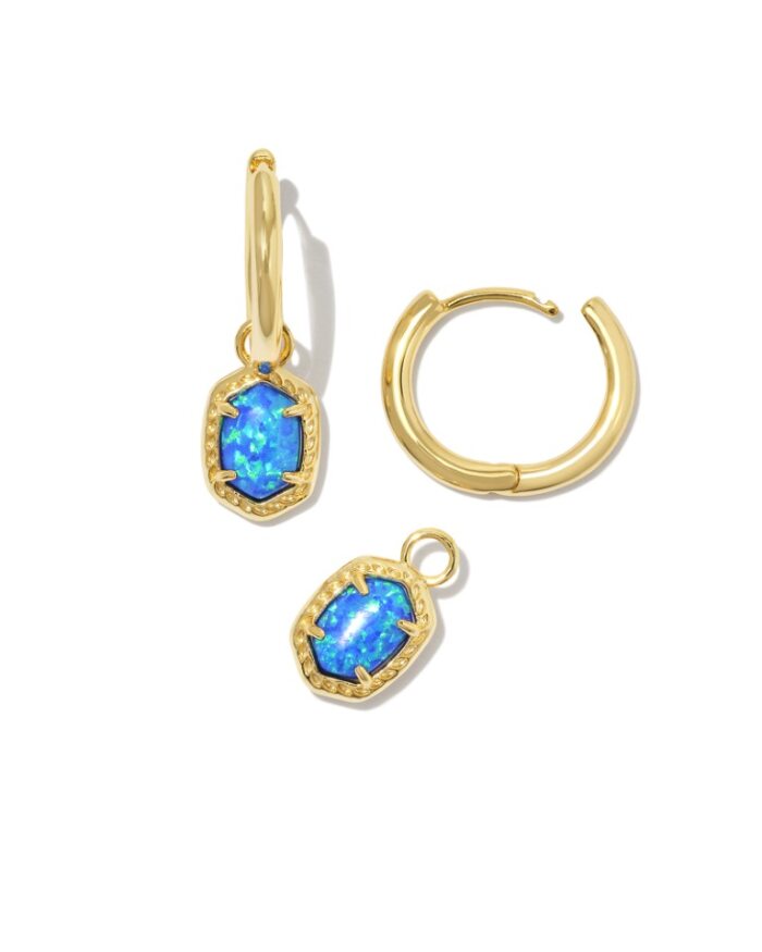 KENDRA SCOTT DAPHNE COLLECTION 14K YELLOW GOLD PLATED BRASS CONVERTIBLE HUGGIE FASHION EARRINGS WITH BRIGHT BLUE OPAL