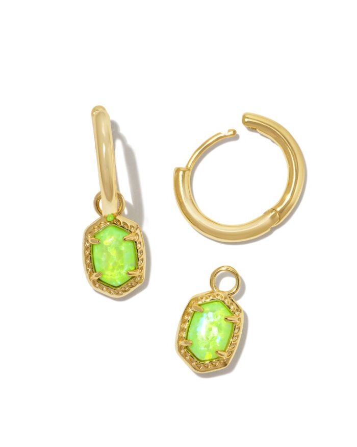 KENDRA SCOTT DAPHNE COLLECTION 14K YELLOW GOLD PLATED BRASS CONVERTIBLE HUGGIE FASHION EARRINGS WITH BRIGHT GREEN OPAL