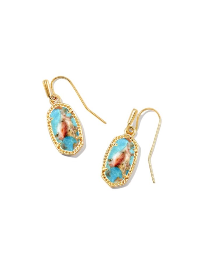 KENDRA SCOTT LEE COLLECTION 14K YELLOW GOLD PLATED BRASS FASHION EARRINGS WITH BRONZE VEINED TURQUOISE RED OYSTER