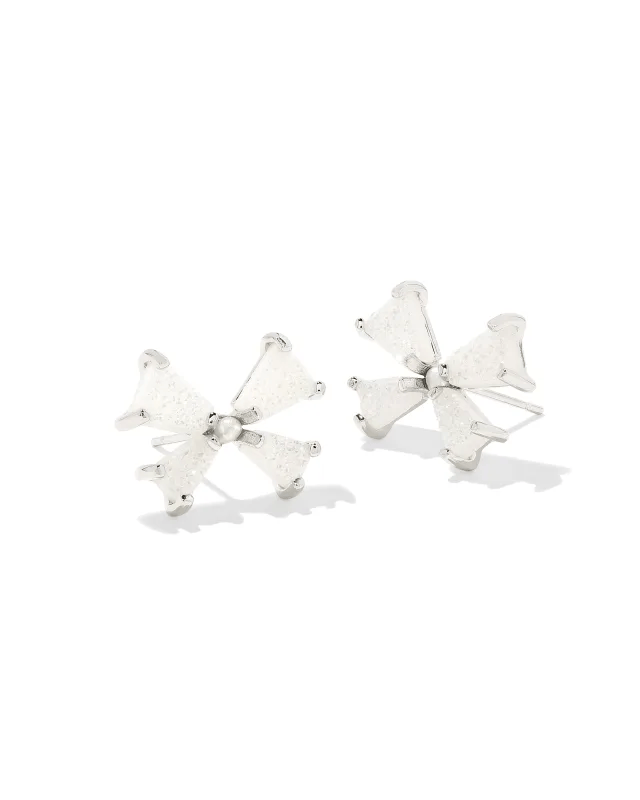 KENDRA SCOTT RHODIUM PLATED BLAIR BOW SMALL STUD EARRINGS WITH IRIDESCENT DRUSY