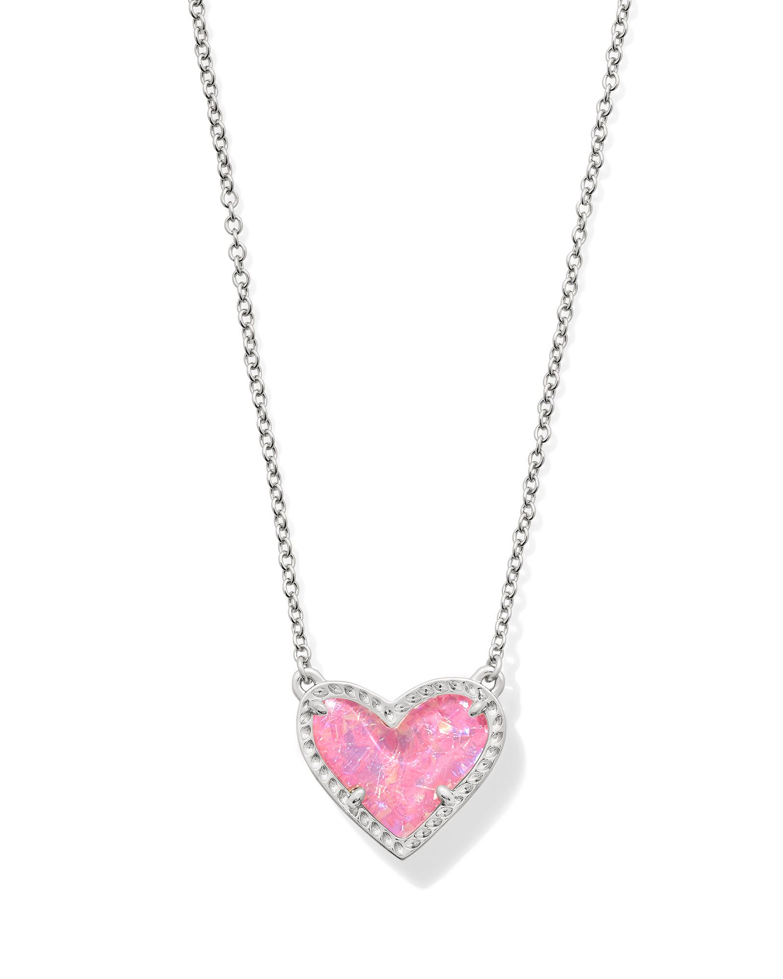 ARI HEART SHORT PENDANT RHODIUM PLATED PINK IRIDESCENT GLITTER GLASS