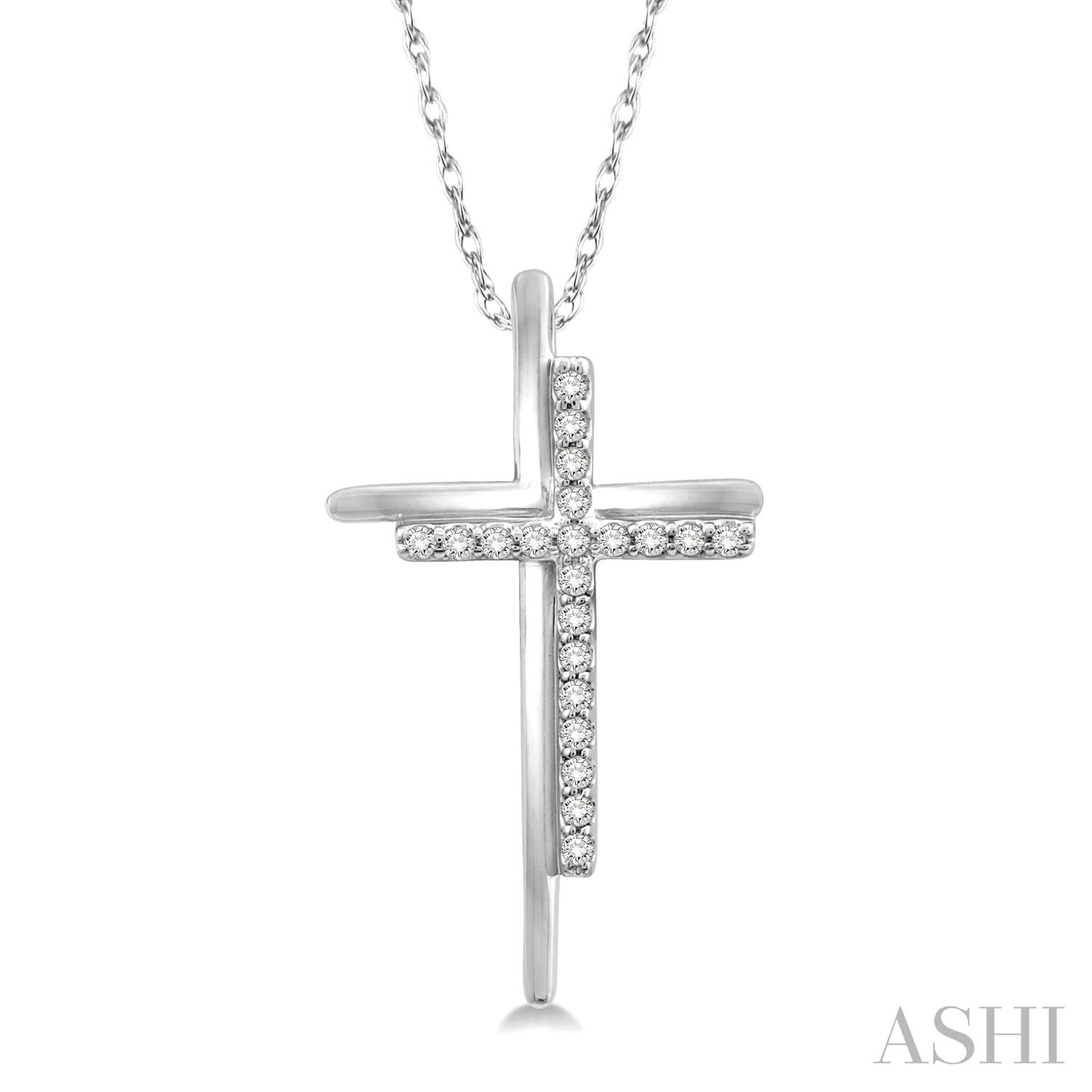 10 KARAT WHITE GOLD DOUBLE CROSS DIAMOND PENDANT WITH 21=0.10TW SINGLE CUT I-J COLOR I1-I2 CLARITY DIAMONDS 18