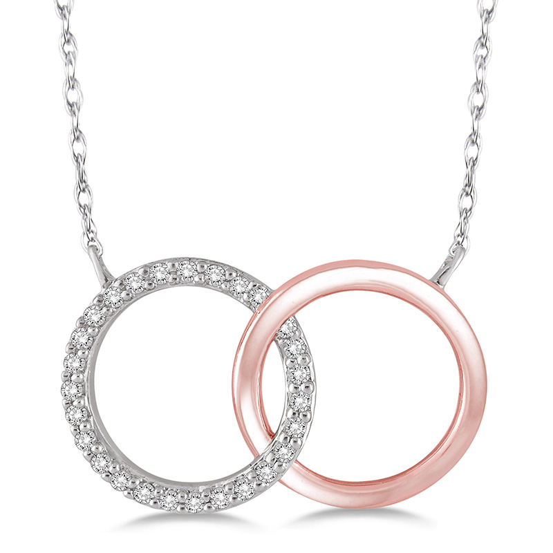 10K WHITE & ROSE GOLD DOUBLE CIRCLE DIAMOND NECKLACE WITH 25=0.25TW ROUND I-J I1-I2 DIAMONDS 18