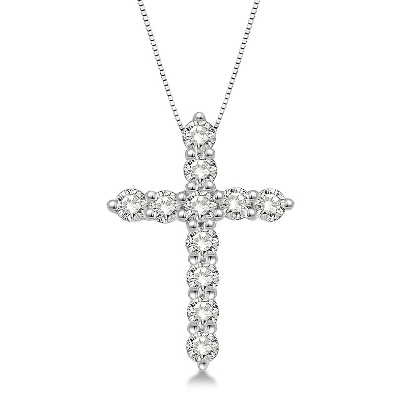 14K WHITE GOLD CROSS DIAMOND PENDANT WITH 11=0.50TW ROUND I-J SI3-I1 DIAMONDS 18