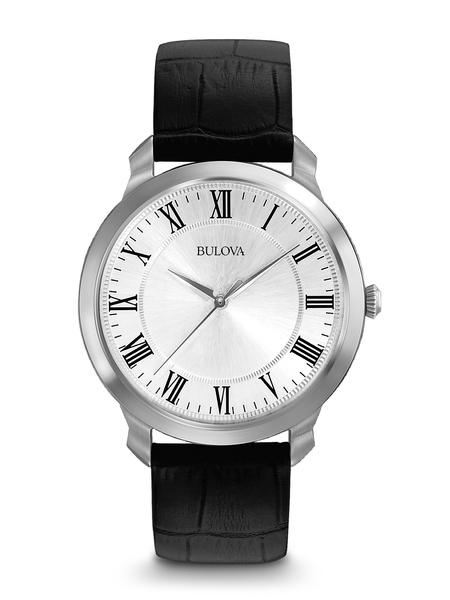 MEN'S BULOVA CLASSIC COLLECTION STAINLESS STEEL CASE SILVER WHITE DIAL BLACK LEATHER BAND