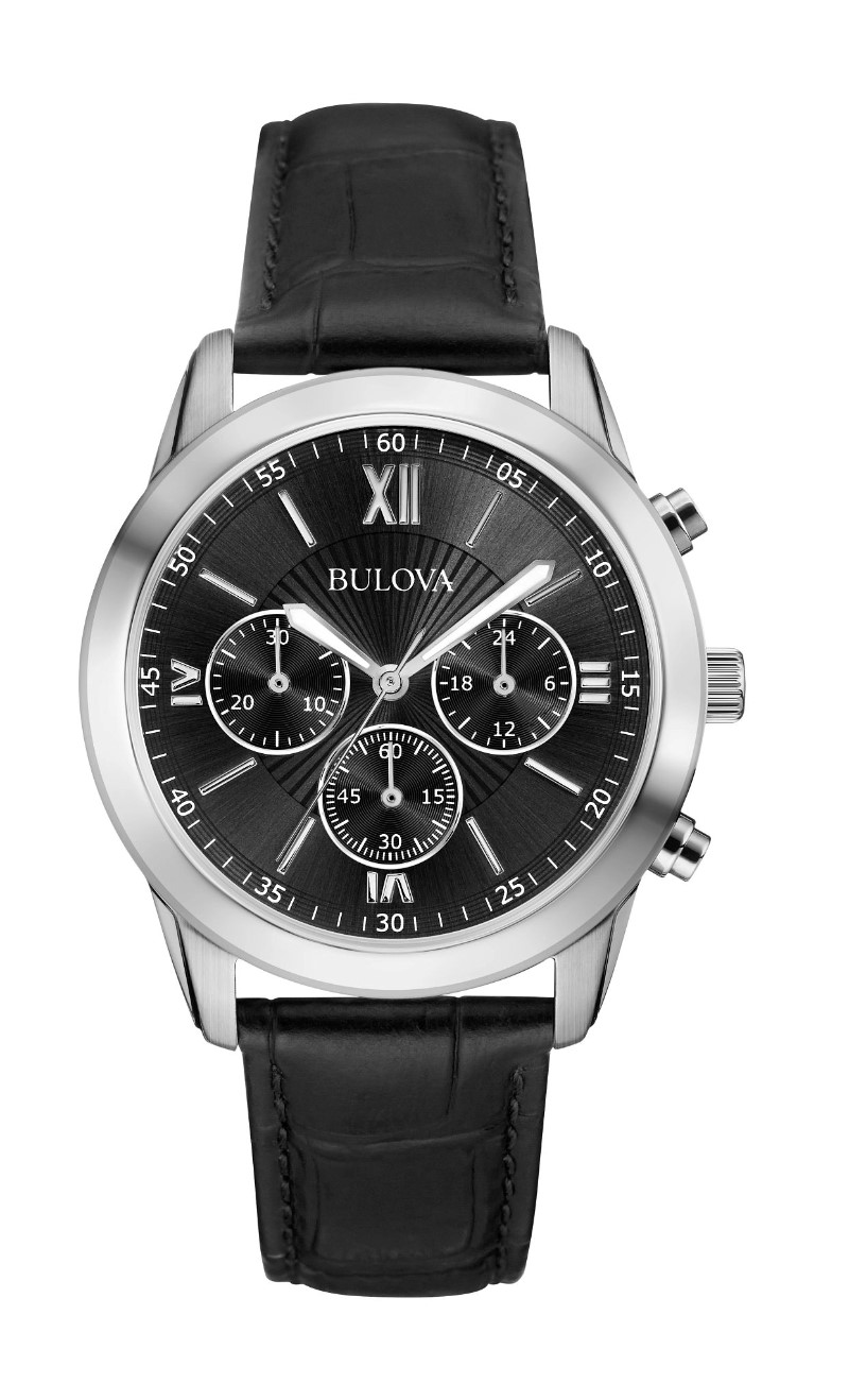 GENTS BULOVA CLASSIC WATCH STAINLESS STEEL CASE  BLACK DIAL  AND BLACK LEATHER STRAP