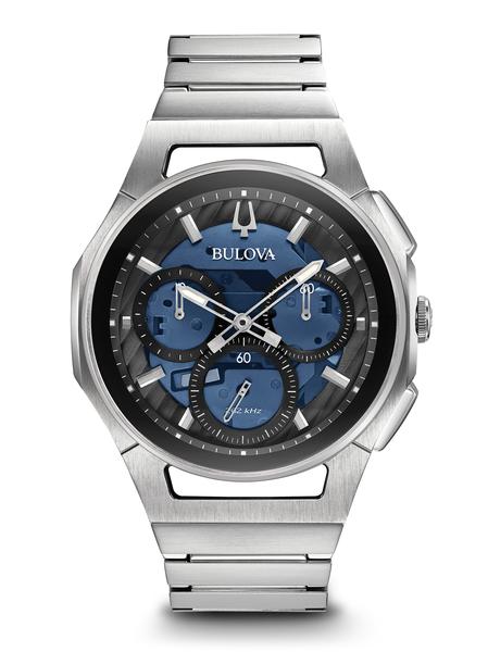 MEN S CURV COLLECTION BULOVA IN STAINLESS STEEL WITH BLUE DIAL AND SILVER TONE MARKERS STAINLESS STEEL BAND