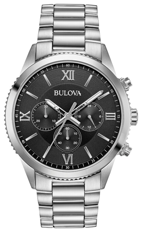 GENTS BULOVA CLASSIC WATCH STAINLESS STEEL CASE  BLACK DIAL  AND STAINLESS STEEL BRACELET STRAP